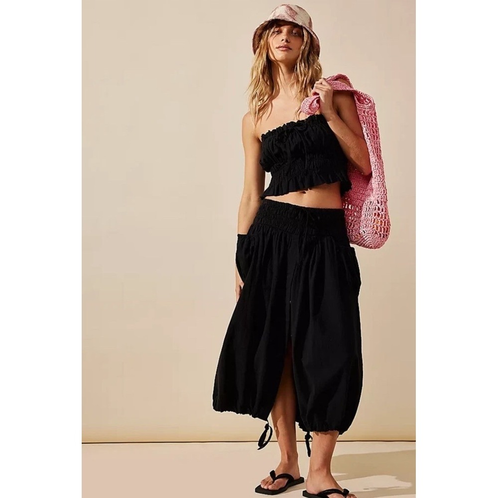 Free People "All The Things Set" Women's L Black Smocked Tube Top Midi Skirt Set